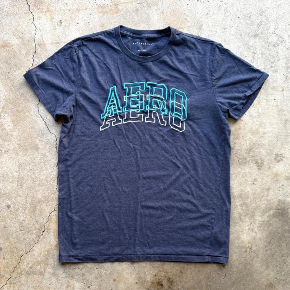 Aeropostale Mens Navy Blue Embroidered Aero Spellout Graphic T-Shirt Y2K Size L
